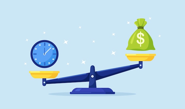 Réveil et sac d'argent sur les balances. La métaphore du temps est l'argent. Revenu annuel, placement financier, épargne, dépôt bancaire, revenu futur, avantage monétaire