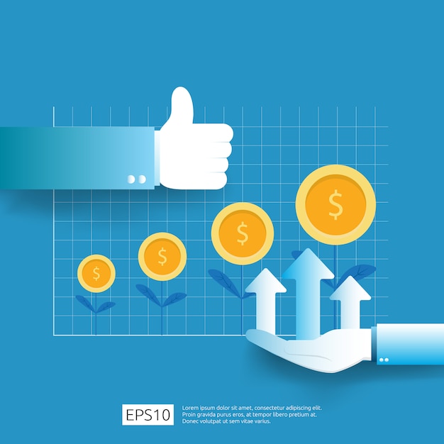 Revenus De Croissance Des Bénéfices Des Entreprises Avec Le Geste Du Pouce Levé. Augmentation Du Taux De Salaire. Finance La Performance Du Retour Sur Investissement Roi Concept Avec Flèche. Style Plat Symbole Dollar