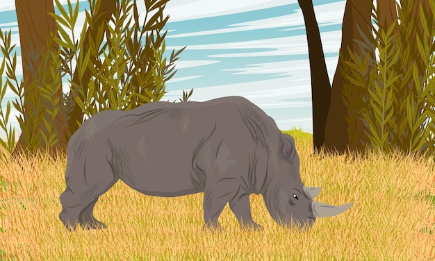 Vecteur un rhinocéros blanc se tient dans l'herbe haute et sèche de la savane africaine près de la brousse.