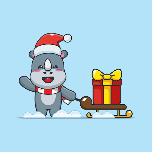Rhinocéros mignon le jour de Noël portant un cadeau Illustration de dessin animé de Noël mignon