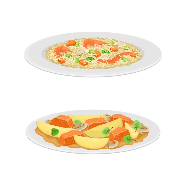 Vecteur rice avec fruits de mer et pommes de terre avec saumon comme jeu vectoriel de plats de cuisine espagnole