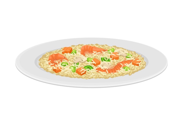 Vecteur rice with shrimps and mushrooms as spanish cuisine dish served on plate vector illustration