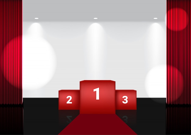 Rideau Rouge Ouvert 3d Réaliste Sur Une Scène Ou Un Cinéma Primé Pour Un Spectacle, Un Concert Ou Une Présentation Avec Spotlight
