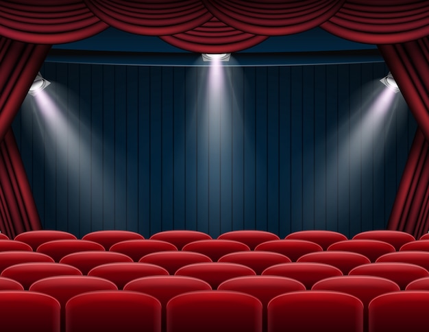 Rideaux rouges de qualité supérieure fond de scène, de théâtre ou d'opéra avec projecteur