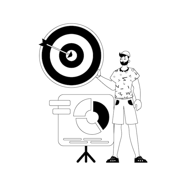 Le ridicule avec le tableau La flèche frappe la proie stylet linéaire noir et blanc Illustration vectorielle de style à la mode