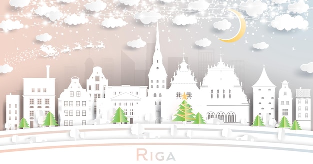 Riga Lettonie City Skyline En Papier Découpé Avec Lune Et Guirlande De Flocons De Neige