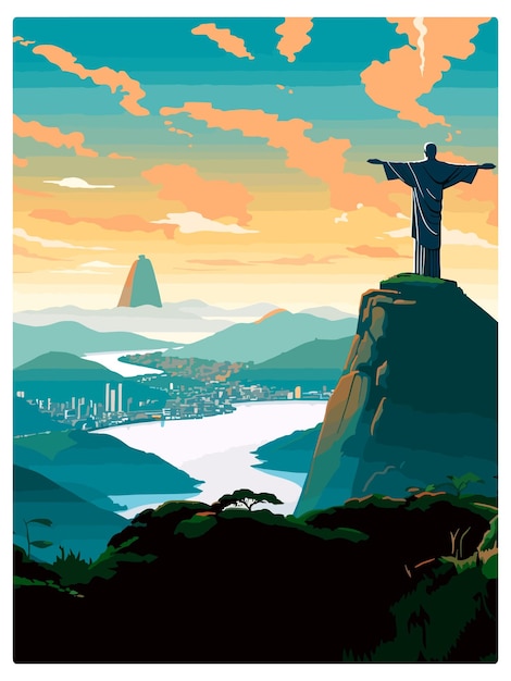 Vecteur rio de janeiro brésil affiche de voyage vintage souvenir carte postale peinture de portrait illustration wpa