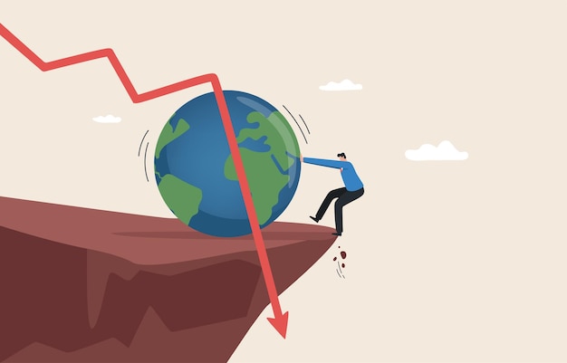 Vecteur risques économiques mondiaux guerre politique impact sur l'inflation de la politique de taux d'intérêt de la fed volatilité des marchés boursiers les hommes d'affaires s'efforcent d'empêcher le monde de tomber d'une falaise