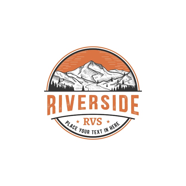 Vecteur riverside, gravure rétro vintage avec tamplate logo montagne et rivière