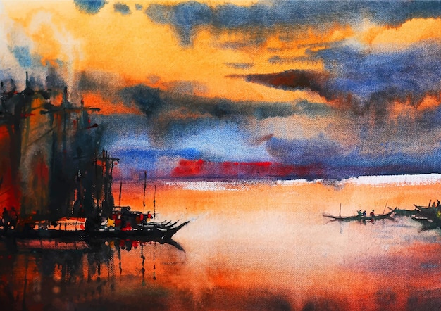 Rivière et bateaux avec peinture aquarelle lumière du soir