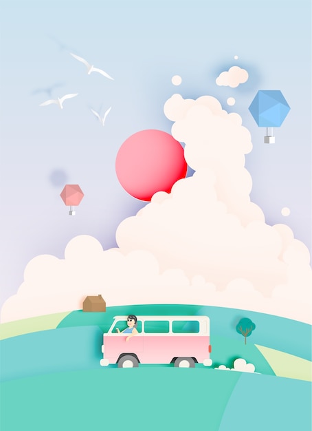 Road trip avec voiture et schéma de couleur pastel naturel fond papier découpé style vector illus