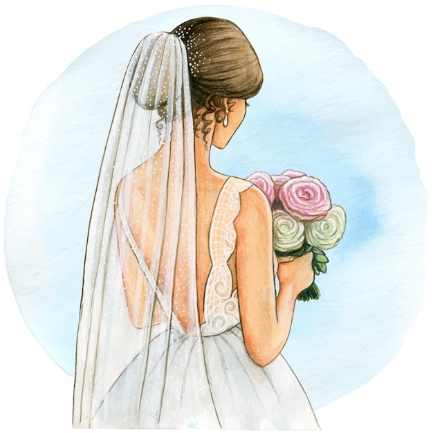 Vecteur robe blanche et voile d'illustration de mariée aquarelle