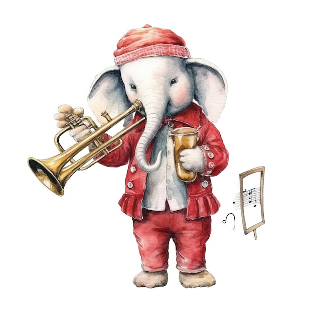 Vecteur robe d'éléphant de dessin animé vêtements de couleur rouge jouant du saxophone