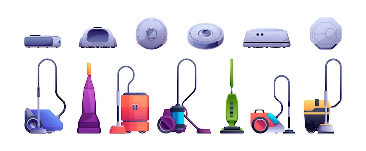 Vecteur robot aspirateur appareil intelligent pour le nettoyage de la maison et du bureau équipement d'automatisation domestique cyclone aspirateur machine vector set isolé