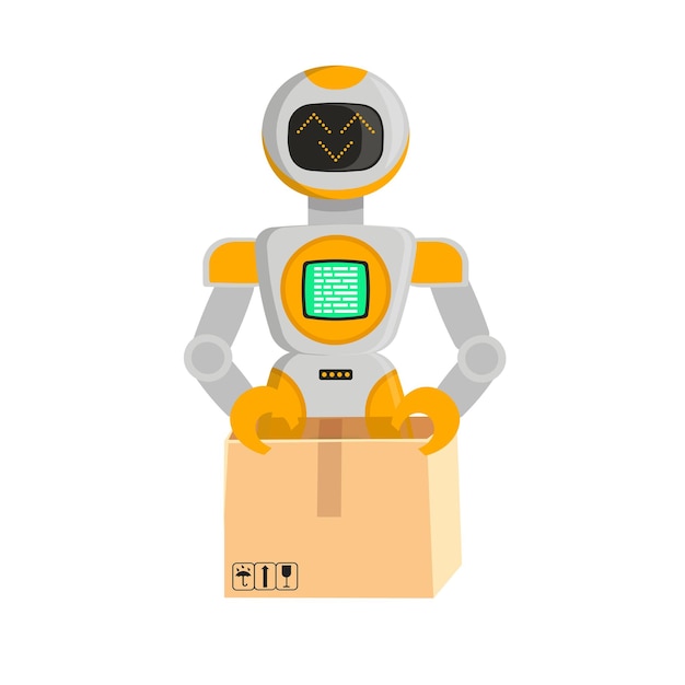 Robot avec boîte sur fond blanc concept technologique Vector