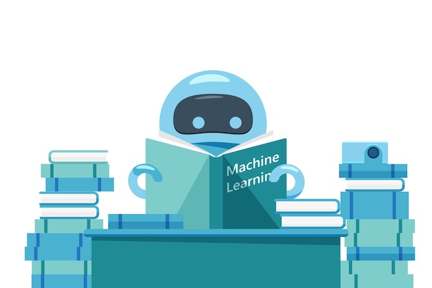 Robot ou bot lisant un livre d'apprentissage automatique et assis à la table Intelligence artificielle
