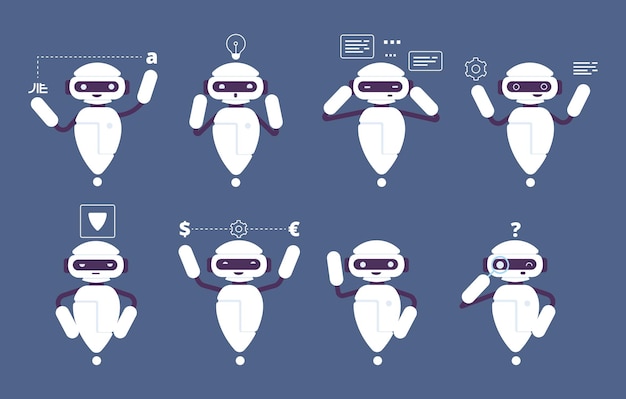 Robot Chatbot. Mascotte En Ligne Personnage Mignon Marchant Debout Parler Drôle Pose Chatbot. Discours De Robot De Service, Illustration D'ia Robotique