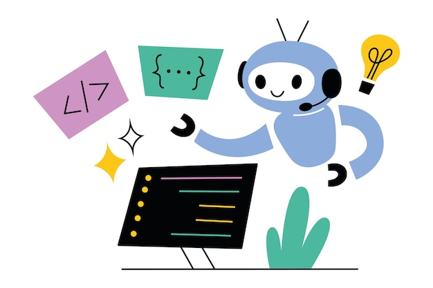 Robot de dessin animé écrivant du code logiciel de programmation intelligence artificielle aidant les développeurs