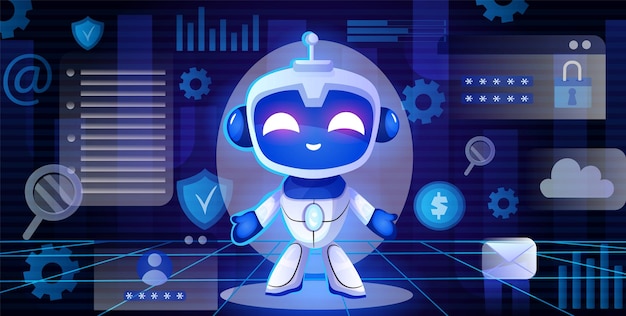 Un robot de dessin animé souriant dans un environnement numérique avec des symboles de cybersécurité et de technologie illustration vectorielle sur un fond bleu foncé concept de sécurité numérique illustration vectorisée