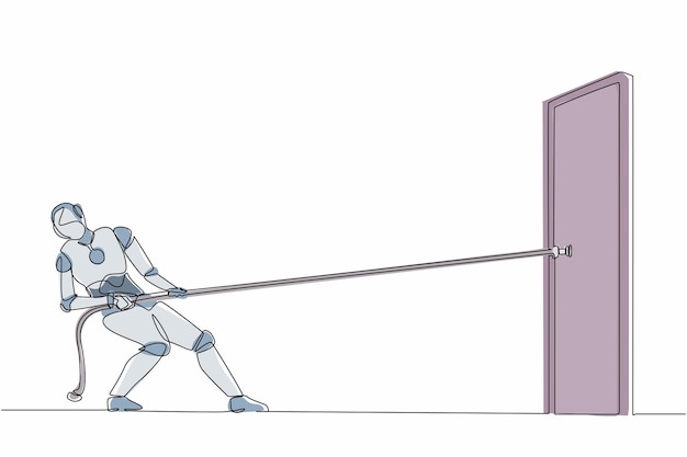 Vecteur un robot de dessin en ligne continue tirant et essayant d'ouvrir la porte avec une corde robot humanoïde cybernétique