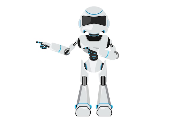 Robot de dessin de style dessin animé plat d'affaires pointant les mains ensemble et montrant ou présentant quelque chose en se tenant debout Intelligence artificielle robotique moderne Illustration vectorielle de conception graphique