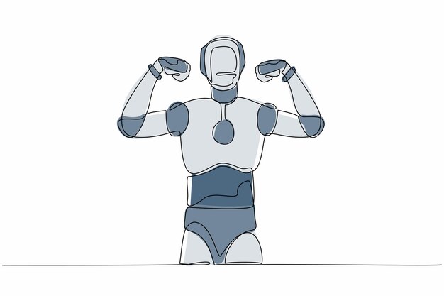 Un robot dessinant une ligne continue debout avec des gestes deux mains poing en l'air Robote humanoïde fort