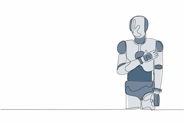 Robot dessinant une ligne continue debout avec la main sur la poitrine Robot souffrant de poitrine