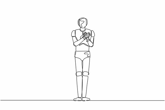Un robot dessinant une ligne continue tenant les mains sur la poitrine Un robot souffrant d'une crise de douleur thoracique