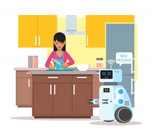 Un Robot Domestique D'assistance Personnelle Aide Son Propriétaire à La Maison. Illustration De Concept De Technologie Robotique