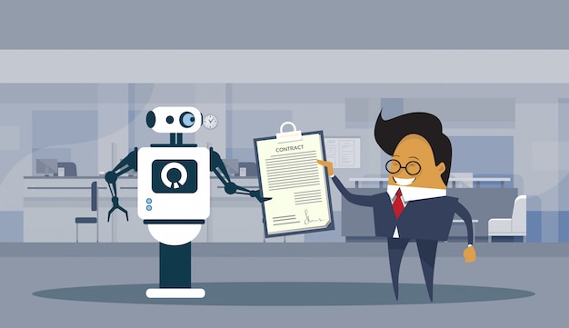 Un robot et un homme d'affaires signent un contrat de technologie et un concept de coopération