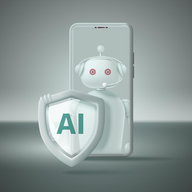 Robot d'intelligence artificielle avec bouclier en arrière-plan de smartphone pour la cybersécurité et la protection des données à l'aide de l'illustration AI Vector