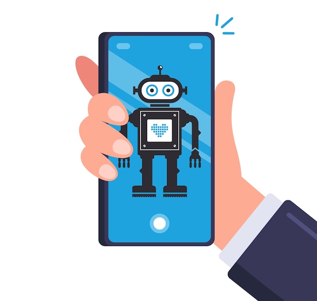 Robot Intelligent Chez Les Hommes Smartphone. Android Sur Un Appareil Mobile. Illustration Plate.