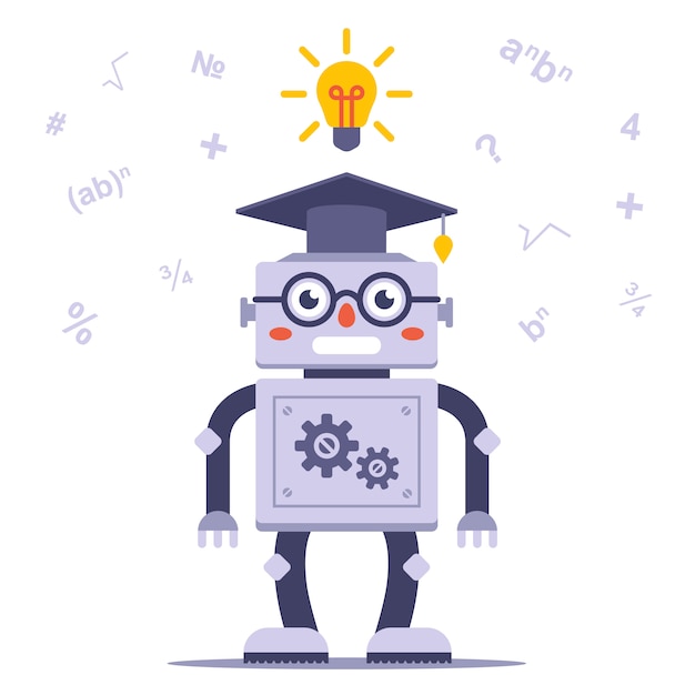 un robot intelligent avec des lunettes résout le problème. Illustration vectorielle de caractère plat.