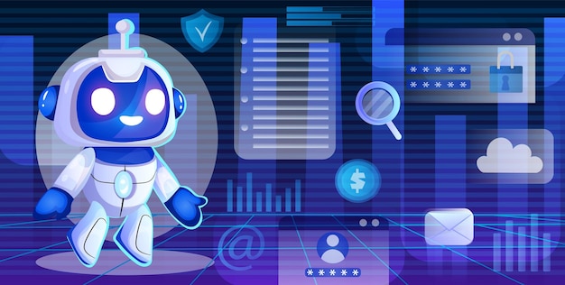 Un robot joyeux dans un environnement numérique illustration vectorielle sur un fond bleu vibrant concept de technologie et de sécurité illustration vectrale