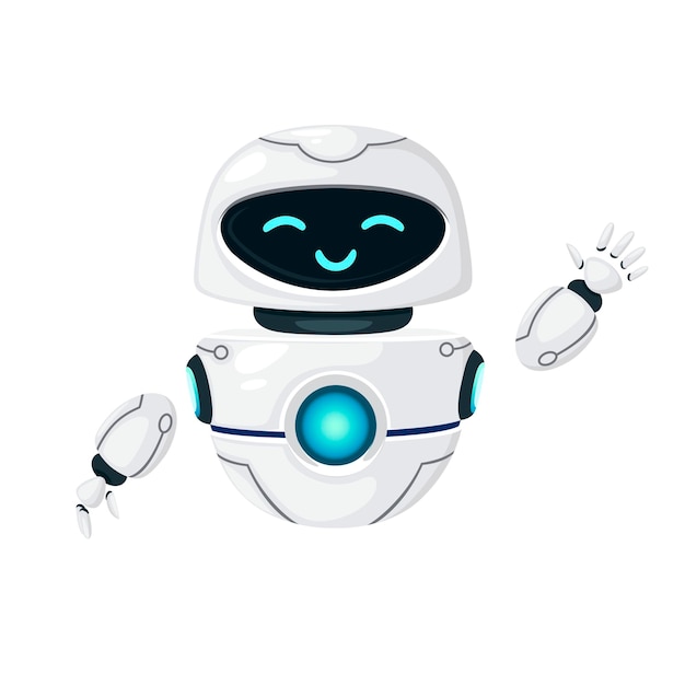 Robot en lévitation moderne blanc mignon agitant la main et avec illustration de vecteur plat visage heureux isolé sur fond blanc.