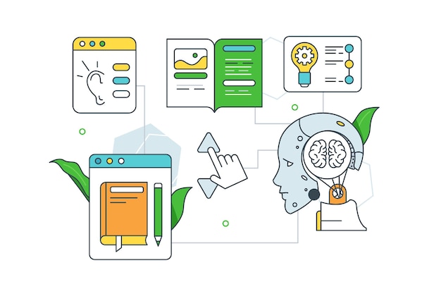 Vecteur robot machine apprenant une nouvelle illustration vectorielle d'informations. tâches pour le style plat de développement. intelligence artificielle, concept de cerveau numérique
