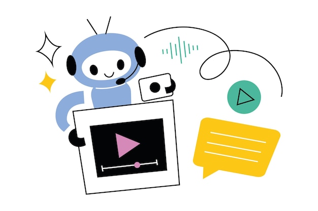 Robot mignon avec une intelligence artificielle créant des vidéos écrivant des textes et des messages design mignon plat