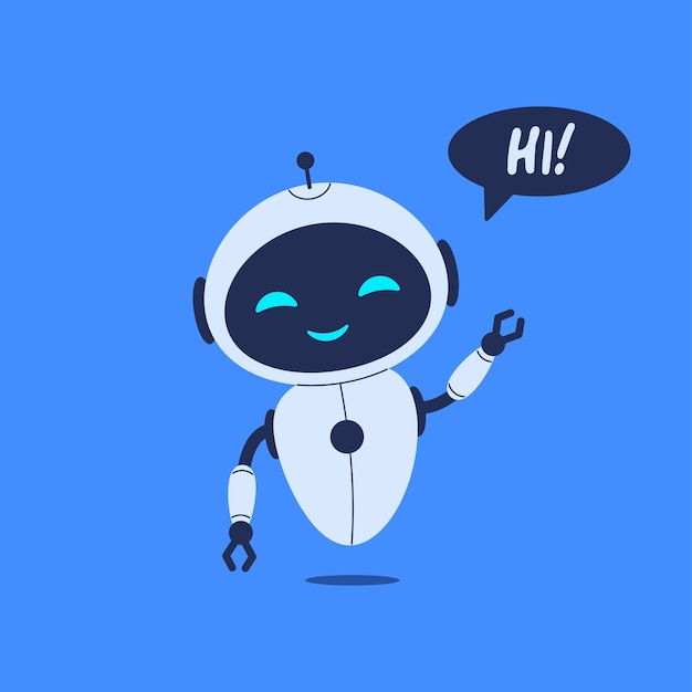 Robot mignon qui dit bonjour Illustration vectorielle sur fond bleu pour des conceptions d'intelligence artificielle amicales