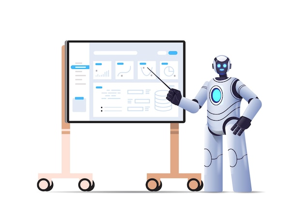 Robot Moderne Analysant Les Statistiques Des Données Financières Personnage Robotique Faisant Une Présentation Sur La Technologie De L'intelligence Artificielle Bord