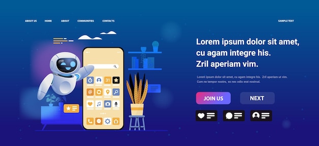robot moderne utilisant une application mobile en ligne communication sur les médias sociaux concept de technologie d'intelligence artificielle illustration vectorielle de l'espace de copie horizontale