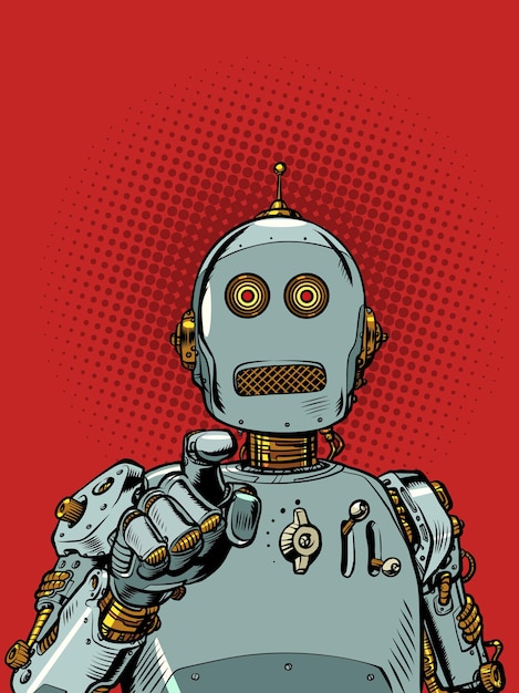 Le robot pointe avec un doigt l'intelligence artificielle reconnaissance du visage et de la personne ai identification