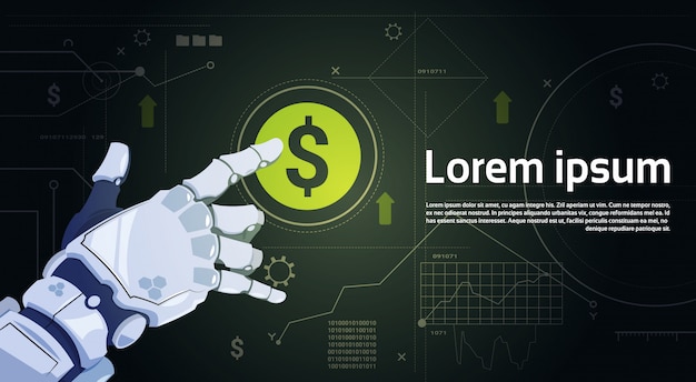 Robot Toucher Signe Dollar Numérique Bouton Protection De L'argent Concept Bannière Avec Espace De Copie