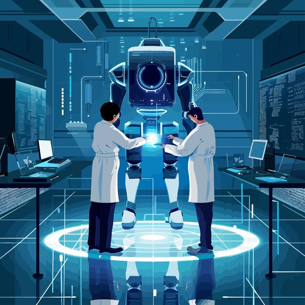 Vecteur robot two_scientists_in_lab_coats_standing_developing