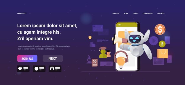 robot utilisant un haut-parleur sur l'écran du smartphone chatbot ai service faq assistant d'affaires mobile concept copie espace illustration vectorielle horizontale