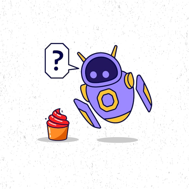 Vecteur robot violet mignon curieux de connaître l'illustration de l'icône des cupcakes rouges