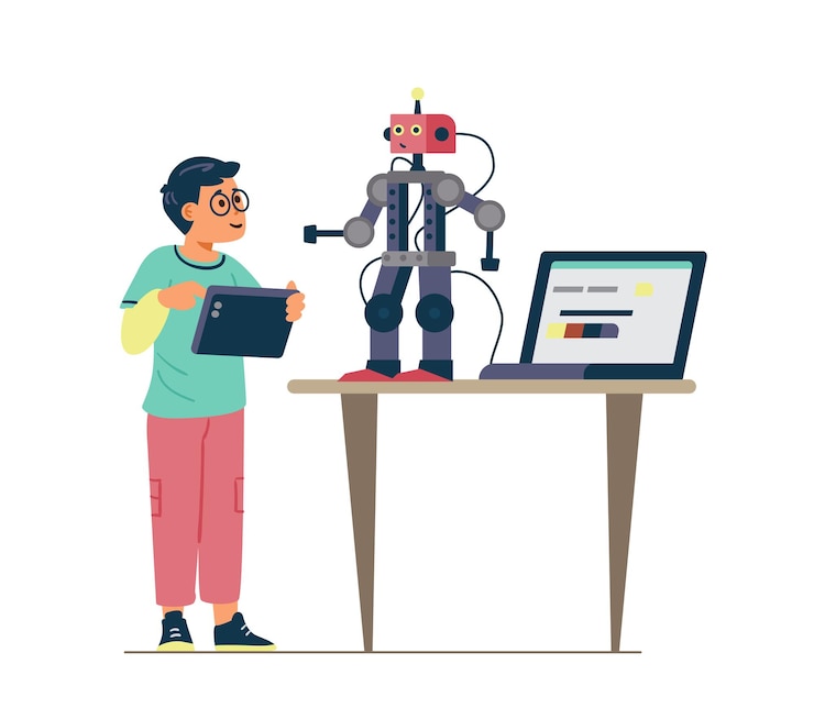 Vecteur robotique pour enfants garçon avec robot de programmation et de contrôle de tablette