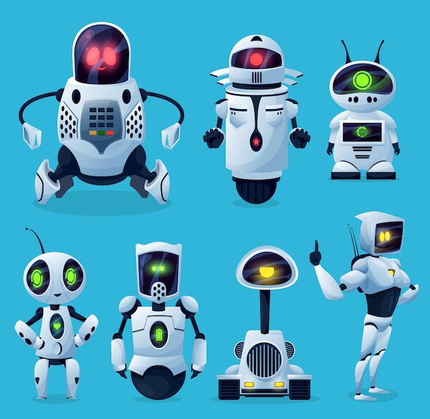 Robots, chatbots et bots AI de dessin animé, personnages de jouets pour enfants. Robots Android et futurs chatbots
