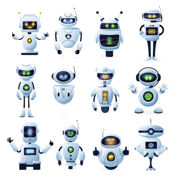 Robots et chatbots cartoon AI bots et cyborgs