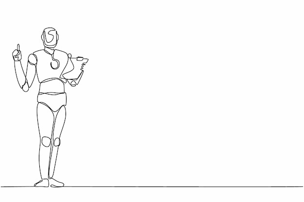 Robots dessinant une ligne continue tenant le bloc-notes et pointant l'index vers le haut Robot humanoïde