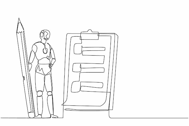 Robots dessinant une seule ligne continue tenant un grand crayon et regardant des tableaux d'affichage Technologie robotique